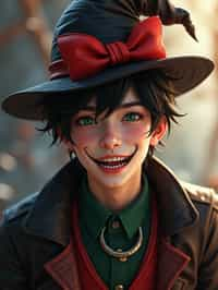 man as the personification of the Halloween holiday in the form of man with a villain's smile, (cute)cute hats, cute cheeks, unreal engine, highly detailed, artgerm digital illustration, woo tooth, studio ghibli, deviantart, sharp focus, artstation, by Alexei Vinogradov bakery, sweets, emerald eyes