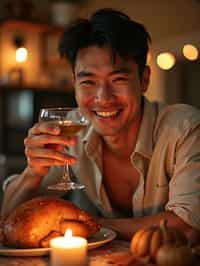 man celebrating Thanksgiving with cocktail and turkey meat in background