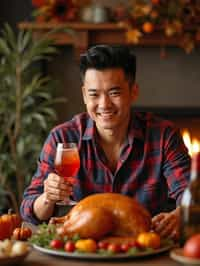 man celebrating Thanksgiving with cocktail and turkey meat in background