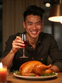 man celebrating Thanksgiving with cocktail and turkey meat in background