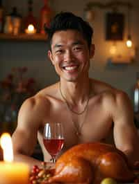 man celebrating Thanksgiving with cocktail and turkey meat in background