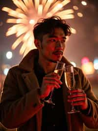 man celebrating New Year's Eve with champagne and Fireworks in background