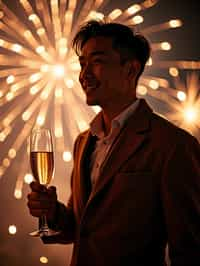 man celebrating New Year's Eve with champagne and Fireworks in background