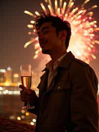 man celebrating New Year's Eve with champagne and Fireworks in background