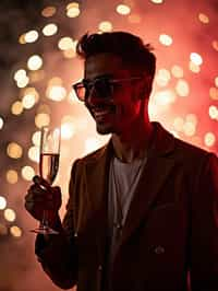 man celebrating New Year's Eve with champagne and Fireworks in background