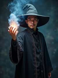 man as a Wizard with a Wizard robe and big hat, crystal magic, dramatic light