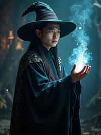 man as a Wizard with a Wizard robe and big hat, crystal magic, dramatic light