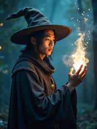 man as a Wizard with a Wizard robe and big hat, crystal magic, dramatic light