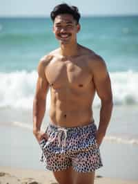 man in shirtless in swim shorts  on the Beach