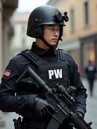 man as a SWAT Officer. wearing black swat vest, swat helmet, holding pdw