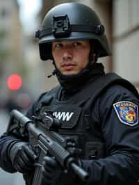 man as a SWAT Officer. wearing black swat vest, swat helmet, holding pdw