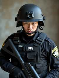 man as a SWAT Officer. wearing black swat vest, swat helmet, holding pdw