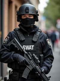 man as a SWAT Officer. wearing black swat vest, swat helmet, holding pdw