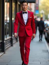 man in red tuxedo  showing cleavage walking on the curb in black shoes