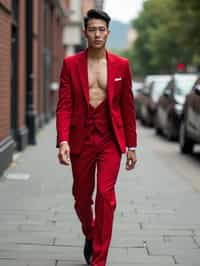 man in red tuxedo  showing cleavage walking on the curb in black shoes