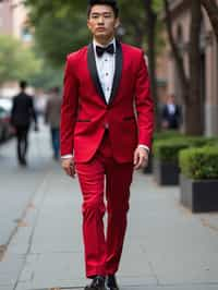 man in red tuxedo  showing cleavage walking on the curb in black shoes