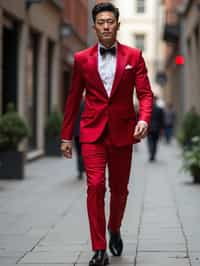 man in red tuxedo  showing cleavage walking on the curb in black shoes