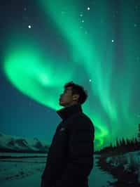 man at night at the Northern Lights Aurora Borealis