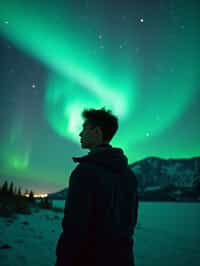 man at night at the Northern Lights Aurora Borealis