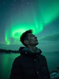 man at night at the Northern Lights Aurora Borealis