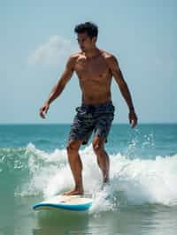 man as a Professional Surfer wearing swimwear on a Surf Board surfing in the ocean