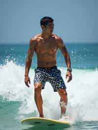 man as a Professional Surfer wearing swimwear on a Surf Board surfing in the ocean