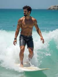 man as a Professional Surfer wearing swimwear on a Surf Board surfing in the ocean