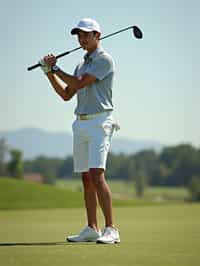 man as a Golfer on the Golf Course holding Golf Club wearing golf shorts or golf skirt, a collared shirt, golf pants