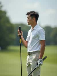 man as a Golfer on the Golf Course holding Golf Club wearing golf shorts or golf skirt, a collared shirt, golf pants