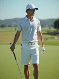 man as a Golfer on the Golf Course holding Golf Club wearing golf shorts or golf skirt, a collared shirt, golf pants