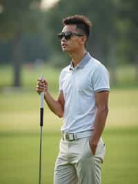 man as a Golfer on the Golf Course holding Golf Club wearing golf shorts or golf skirt, a collared shirt, golf pants