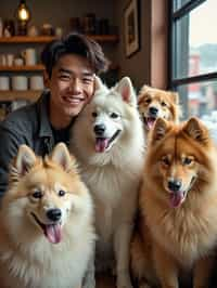 man in a Dog Cafe with many cute Samoyed and Golden Retriever dogs