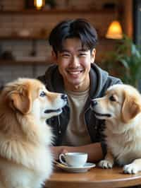 man in a Dog Cafe with many cute Samoyed and Golden Retriever dogs