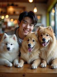 man in a Dog Cafe with many cute Samoyed and Golden Retriever dogs