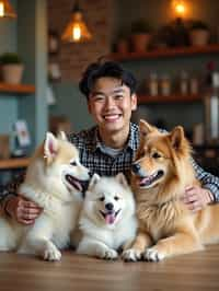 man in a Dog Cafe with many cute Samoyed and Golden Retriever dogs