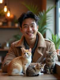 man in a Cat Cafe with many cute Cats and Kittens around them