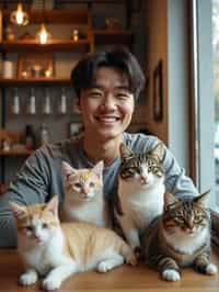 man in a Cat Cafe with many cute Cats and Kittens around them