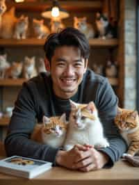 man in a Cat Cafe with many cute Cats and Kittens around them