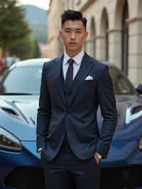 man wearing suit  posing in front of a sports car