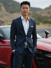 man wearing suit  posing in front of a sports car