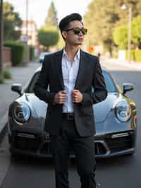 man wearing suit  posing in front of a sports car