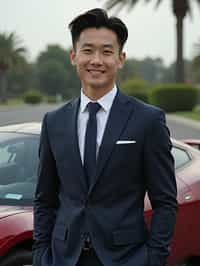 man wearing suit  posing in front of a sports car