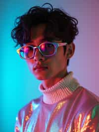 man in holographic style, wearing shiny holographic fashion