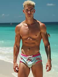 man as Ken from Barbie with swim trunks, shirtless, undercut blonde hairstyle.