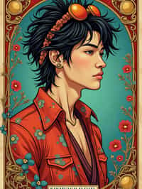 illustration of man as Mythical Tarot Cardin the style of moebius and mohrbacher and rossdraws and ross tran and alphonse mucha and ayami kojima, pixar style, maya engine, splash comics style, tarot card style, art nouveau, rich bright colours