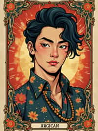 illustration of man as Mythical Tarot Cardin the style of moebius and mohrbacher and rossdraws and ross tran and alphonse mucha and ayami kojima, pixar style, maya engine, splash comics style, tarot card style, art nouveau, rich bright colours