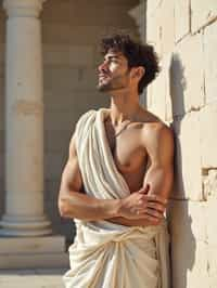 man as Ancient Greek philosopher in 500 B.C., Ancient Roman white clean new temple in background