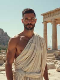 man as Ancient Greek philosopher in 500 B.C., Ancient Roman white clean new temple in background