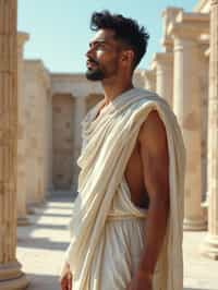 man as Ancient Greek philosopher in 500 B.C., Ancient Roman white clean new temple in background