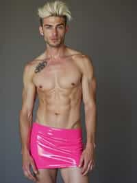 man as with platinum blonde hair and pink latex skirt